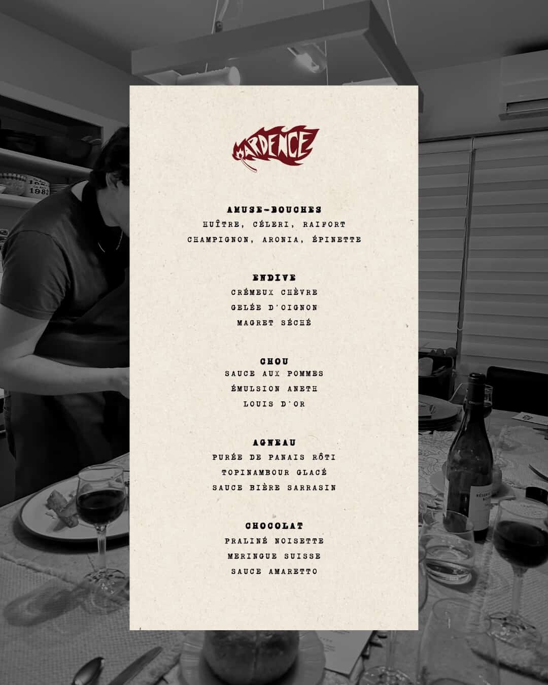 Menu d'évènement éphémère Ardence